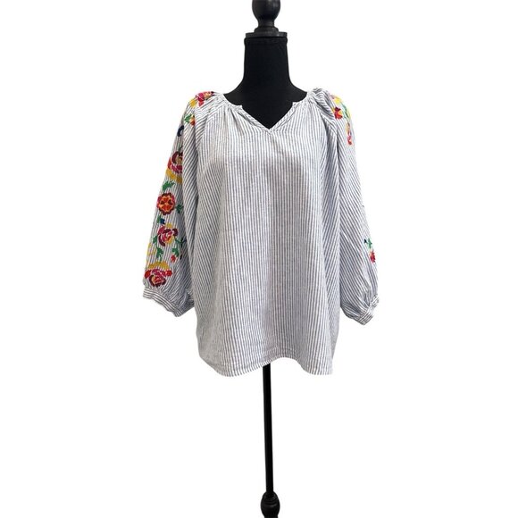 Neiman Marcus Women’s Embroidered Floral Tassels Cotton Blouse Size 1X - Picture 1 of 9